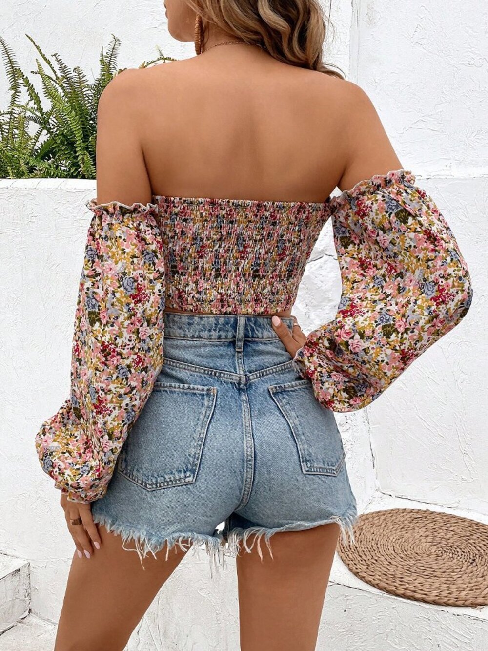 Multicolor Boho Women's Off Shoulder Floral Ruffle Lantern Sleeve Cropped Blouse - Picture 2 of 6